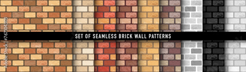 Realistic Vector brick wall seamless patterns set. Flat red, orange, yellow, black, white, grey wall texture. Simple grunge textured brick background for print, paper, design, decor, photo background.