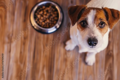 Top view of a brown and white dog sitting beside a stainless steel bowl filled with dog kibble on a wooden floor