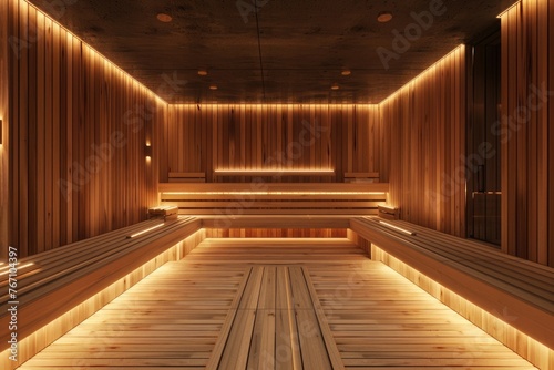 Empty finnish sauna room modern interior of wooden spa cabin with dry steam.