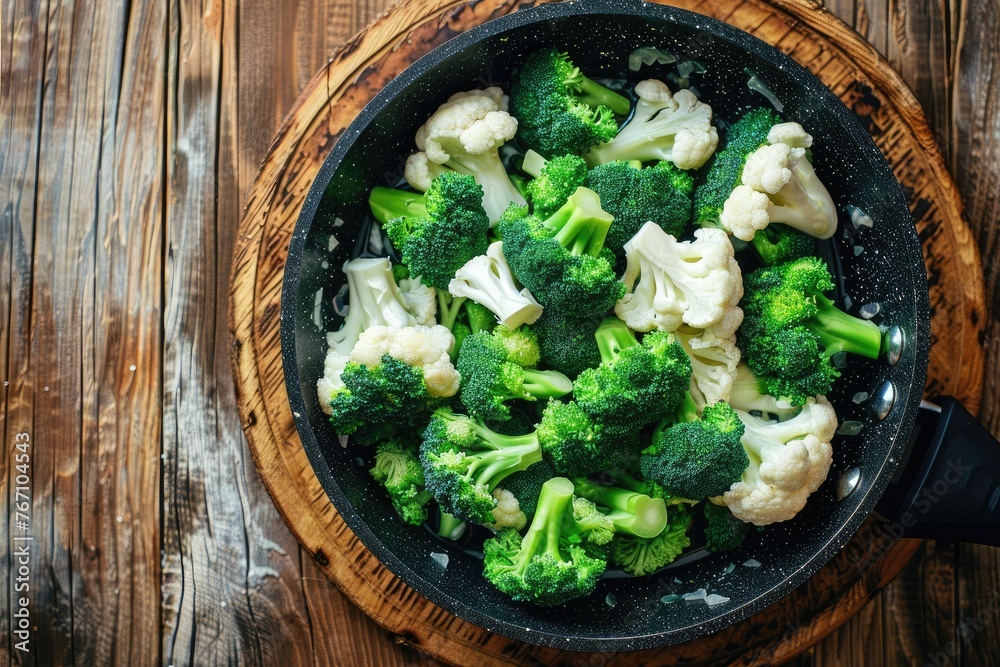 Black saucepan with cooked broccoli and cauliflower on wooden table. Black saucepan with cooked broccoli and cauliflower on wooden table.