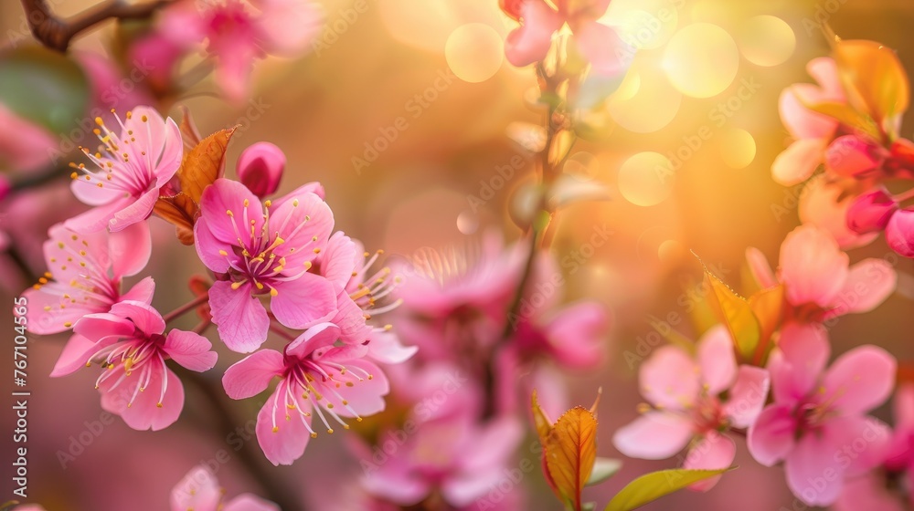 Beautiful spring natural background with pink cherry blossom flowers close up macro