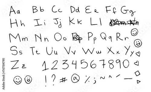 Alphabet, from a to z, hand-drawn with a marker pen, felt-tip pen, in vector, isolated on a white background, upper and lower case letters, with numbers and symbols. Complete set, entire font.