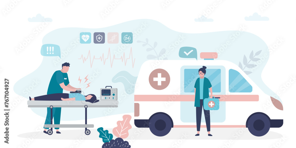 Ambulance concept. Emergency doctor in uniform performing first aid. Paramedics provide first aid to injured person on medical stretcher, emergency care. Healthcare,