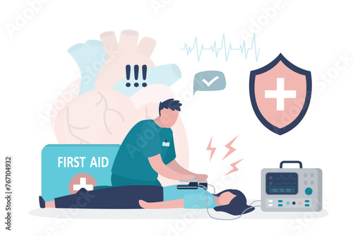 Male paramedic use defibrillator for cardiac arrest of woman patient suffer from heart attack. Doctor first aid resuscitation. Lifesaving, ambulance, emergency service. photo