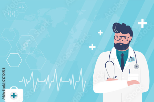 Medical consultation, online healthcare pharmacist expert, smiling therapist. Male cardiologist character with stethoscope. First aid. Young man doctor portrait