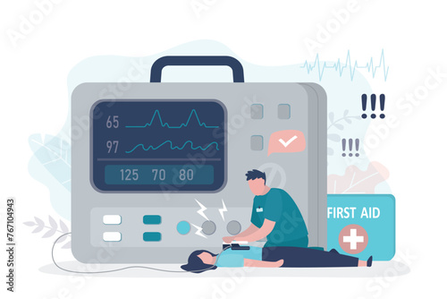 Giant defibrillator, male paramedic help via cardiac arrest of woman patient suffer from heart attack. Doctor first aid resuscitation. Lifesaving, ambulance,
