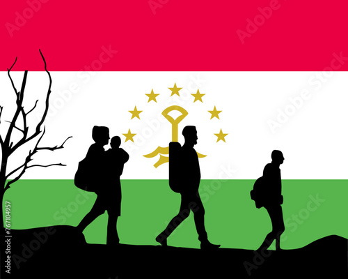Immigration and refugees front of Tajikistan flag, immigrant and refugee concept