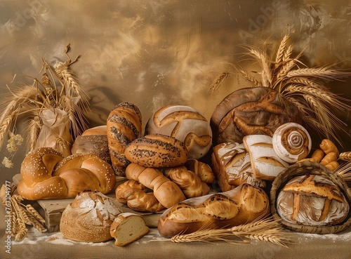 A variety of breads and pastries, including baguettes, loaves, rolls, and sweet treats were arranged in an artistic display on the table, captured from above with a shallow depth of field.
