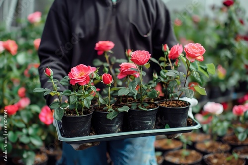 worker carrying a tray of potted rose plants