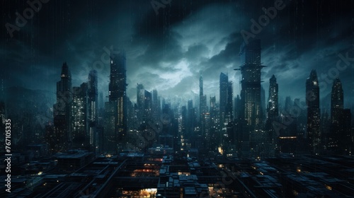 Dark city at night. Retrowave.