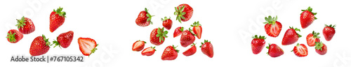 Set of Falling strawberries isolated on white background 