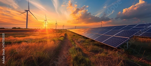 Photo of wind turbines and solar panels in an open field, representing renewable energy sources. Web banner with copyspace on the right