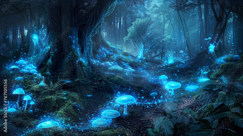 Dense Forest With Blue Glowing Mushrooms