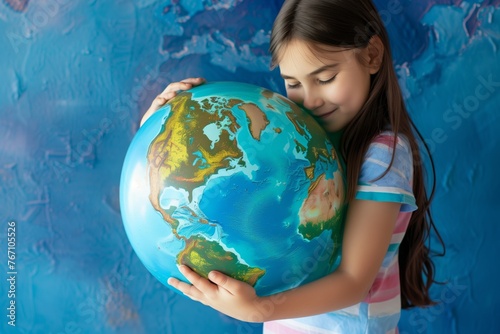 girl holding a large bouncy ball with a world map print