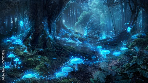 Dense Forest With Blue Glowing Mushrooms © Prostock-studio