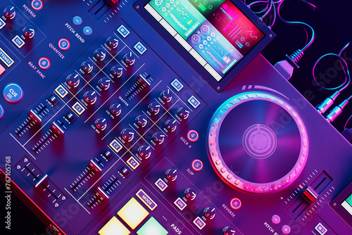Dynamic DJ Controller Setup Illuminated by Vivid Neon Lights for Music Mixing