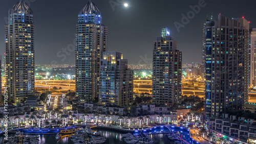 Dubai Marina at night timelapse  Glittering lights and tallest skyscrapers