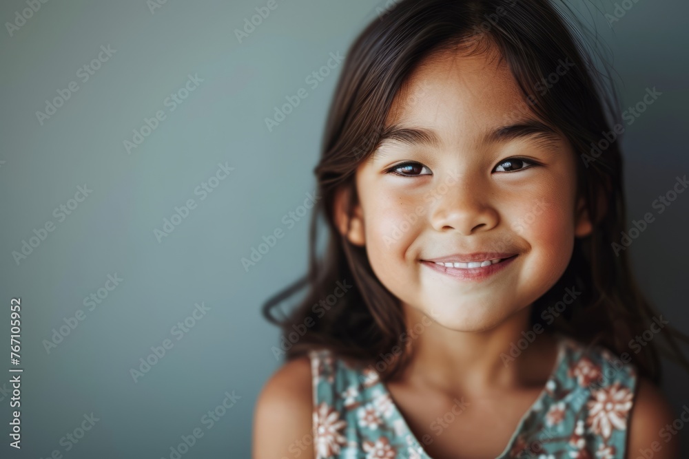 Portrait of a cute little asian girl smiling against grey background Portrait of a cute little asian girl smiling against grey background