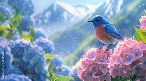 Blue mountain backdrop with a vivid bluebird on a pastel hydrangea, blending serenity and color in a beautiful, tranquil scene