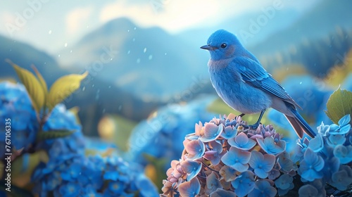 Blue mountain backdrop with a vivid bluebird on a pastel hydrangea, blending serenity and color in a beautiful, tranquil scene