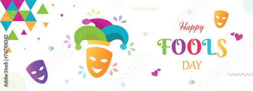 Happy fools day, clown mask and joker hat, celebrate jokes and hoaxes, funny prank event