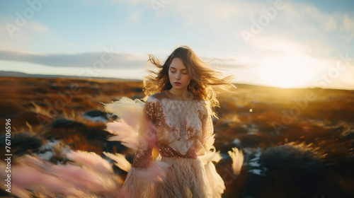 young woman in a shiny sweater with feathers and a long skirt against the background of the tundra, morning light, Icelandic landscape, nature, mountains, hills, portrait, fashion, model, dress, girl