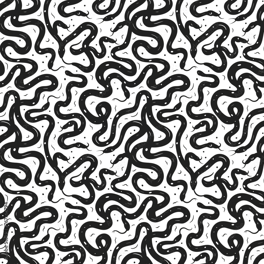 Seamless pattern with black snakes on white background.