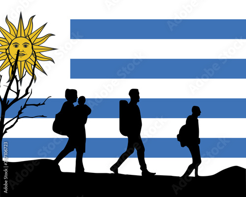 Immigration and refugees front of Uruguay flag, immigrant and refugee concept