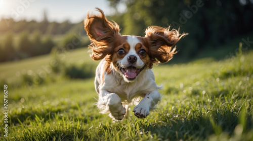 Happy cavalier king charles spaniel dog running on a green field on a sunny day