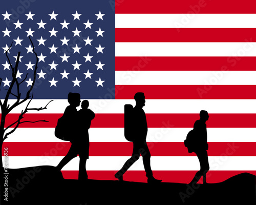 Immigration and refugees front of USA flag, immigrant and refugee concept