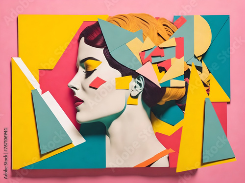 Collage minimalista colorido de una cara de mujer con recortes de papeles. Ai Generativa