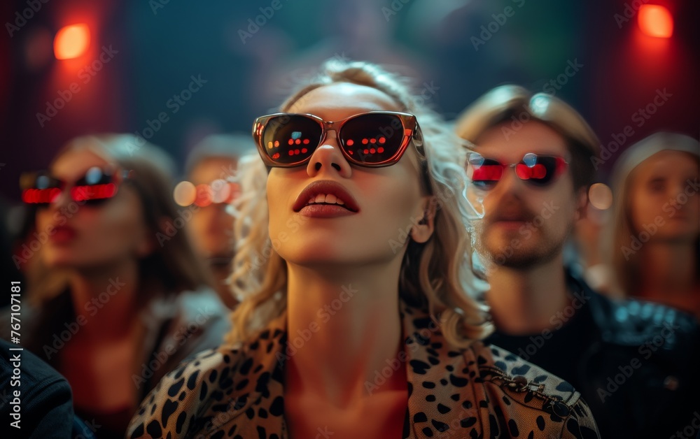 A woman wearing sunglasses and a leopard print jacket is smiling at the camera A woman wearing sunglasses and a leopard print jacket is smiling at the camera