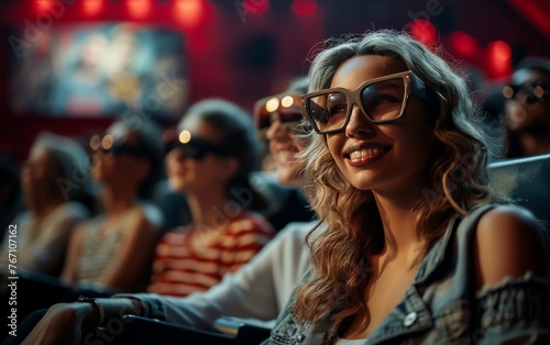 A woman wearing sunglasses is sitting in a movie theater with other people