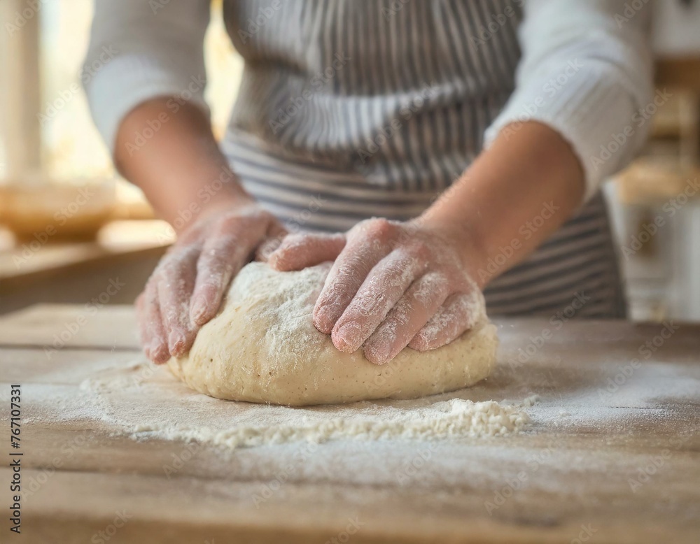 A baker kneading a bread dough on a wooden work surface with a lot of flour