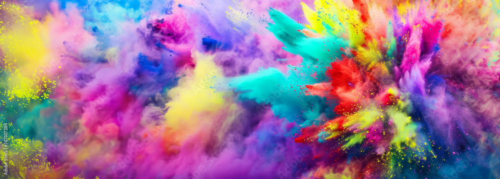 Festive banner template Holi festival of colors. Dynamic explosion colored powder. Abstract background