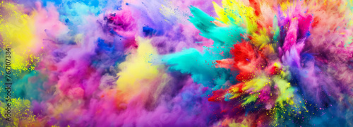 Festive banner template Holi festival of colors. Dynamic explosion colored powder. Abstract background © LiliGraphie