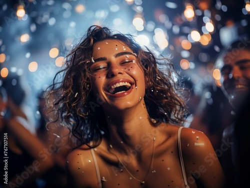 A woman with curly hair is smiling and laughing at a party