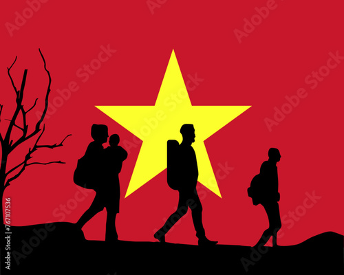 Immigration and refugees front of Vietnam flag, immigrant and refugee concept