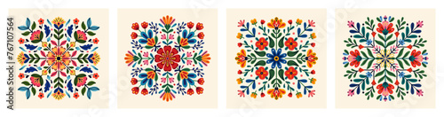 Vector set of traditional Mexican folk ornaments with symmetrical pattern of colorful flowers and leaves on light background. Floral motifs. Flat designs for textile printing, decor, packaging, cards #767107564