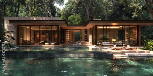 Serene 3D render of a contemporary Thai residence featuring a harmonious blend of rustic brick walls, warm wooden accents, and sleek, metal finishes, surrounded by a tranquil, tech-infused Zen garden © Sarin
