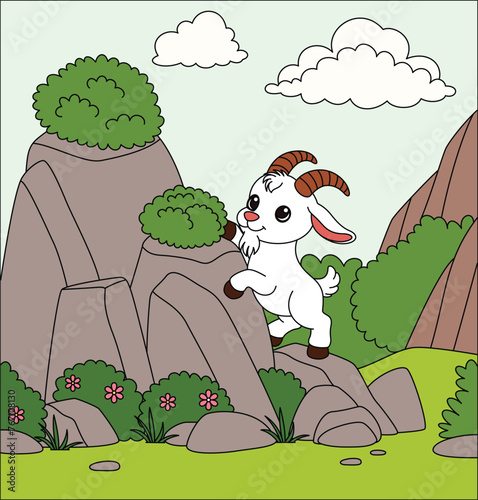 Cute kawaii playful goats climb rocky cliffs and nibble on shrubby bushes cartoon character vector illustration