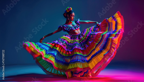 Woman In a Traditional Mexican Dress Dancing, Studio Photo, Neon Lights