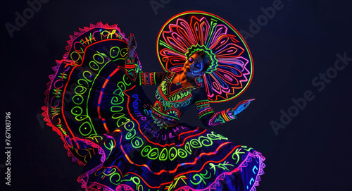 Mexican Female Dancer Wearing Traditional Clothes And Sombrero, Motion, Neon Colors