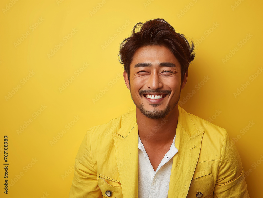 A man in a yellow jacket with a smile on his face A man in a yellow jacket with a smile on his face