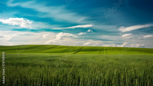 Blue skies above lush green fields  a serene countryside