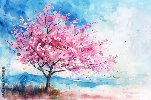 Watercolor Painting of Japanese Cherry Blossom Tree  Sakura Flowers in Spring  Asian Art