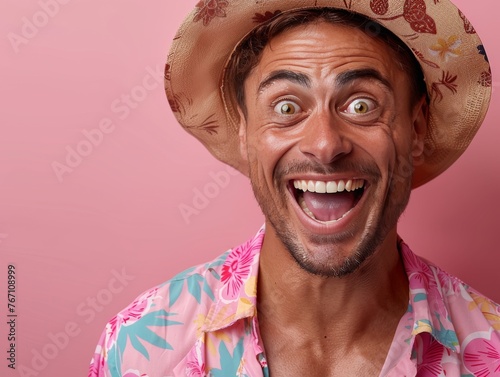 A man wearing a straw hat and a floral shirt is smiling and laughing