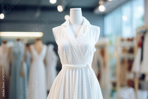 Modern White Dress on Mannequin in Boutique Fashion Store