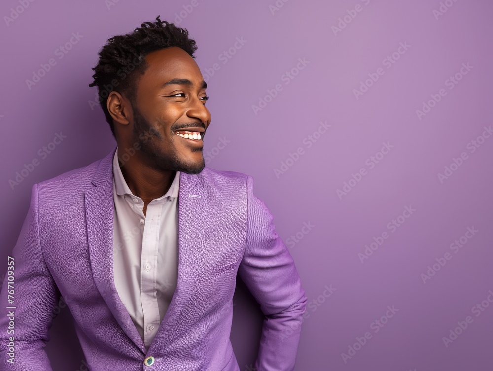 Obraz premium A man in a purple suit is smiling and looking at the camera