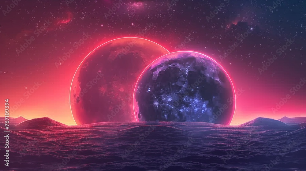 Vintage eclipse scene in neon sun and moon merging soft glowing outlines oldschool neon aesthetic starry background